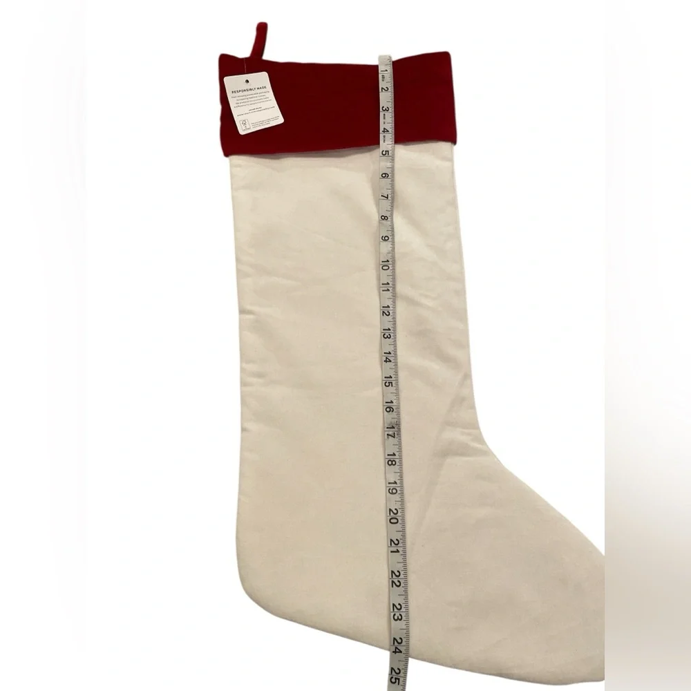 Pottery Barn Velvet Christmas Stocking Ivory with Red Cuff
